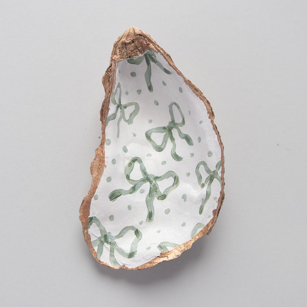 Hand-painted oyster shell ring dish: green bow