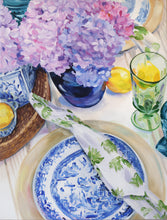 Load image into Gallery viewer, Elizabeth Alice Studio original acrylic painting art, blue willow dishes table setting with clear green glass goblet and lemons, blue glass vase with purple hydrangeas, blue and white vases, blue and white art painting, traditional art home decor, blue and purple painting, blue and white painting, art for blue and white home, grandmillennial art painting
