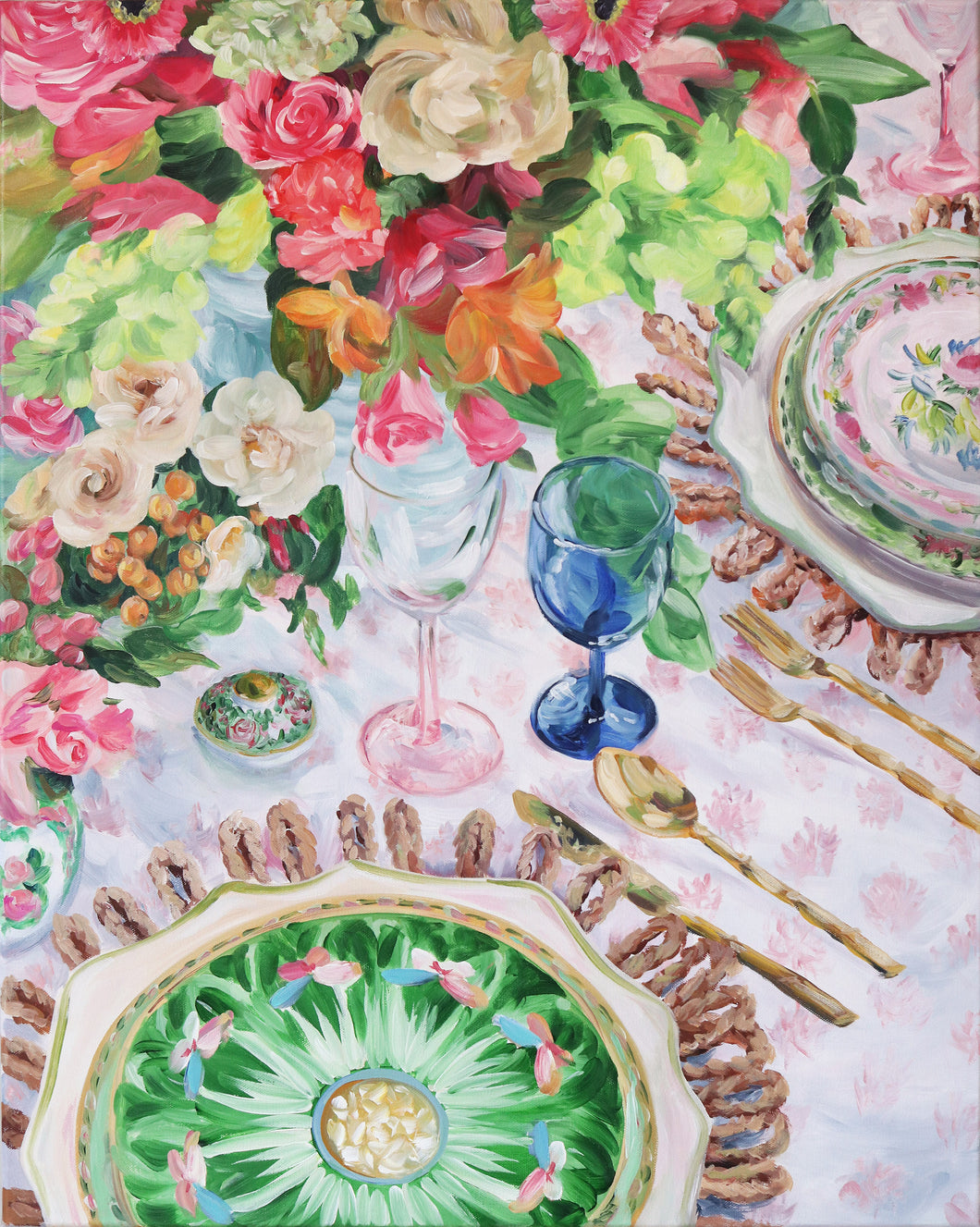 Elizabeth Alice Studio original acrylic painting art, lush tablescape with famille rose chinoiserie plates, clear pink blue wine glasses, pink and green floral bouquet centerpiece. Colorful painting for dining room, unique art for dining room, add pop of color to neutral room. Chinoiserie art, original painting, expressive brush strokes, impressionist modern painting, unique art for dining room. Colorful art for traditional home.