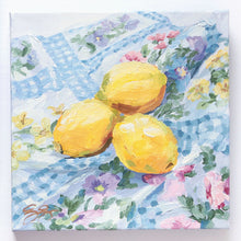 Load image into Gallery viewer, Still life painting of lemons on floral fabric - 10 x 10
