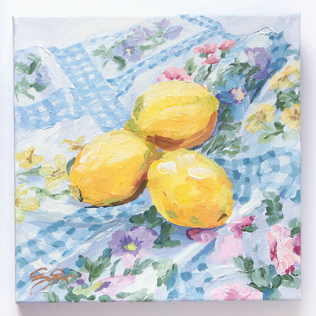 Still life painting of lemons on floral fabric - 10 x 10