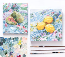 Load image into Gallery viewer, Still life painting of lemons on floral fabric - 10 x 10
