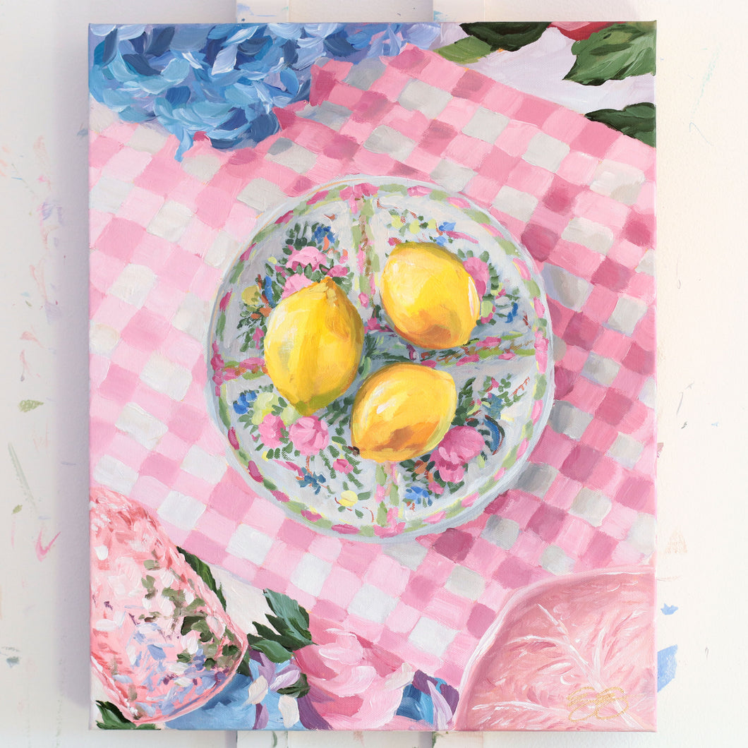 Still life painting of lemons on Rose Canton dish with pink gingham - 16 x 20