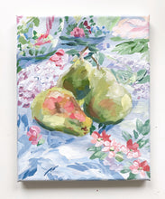 Load image into Gallery viewer, Still life painting of pears on floral fabric - 8 x 10
