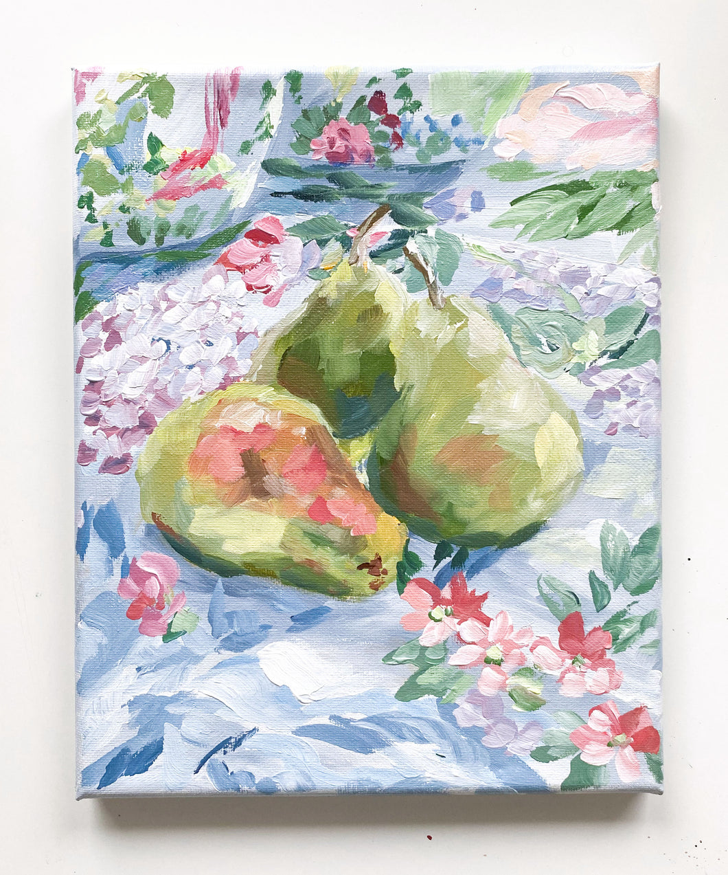 Still life painting of pears on floral fabric - 8 x 10