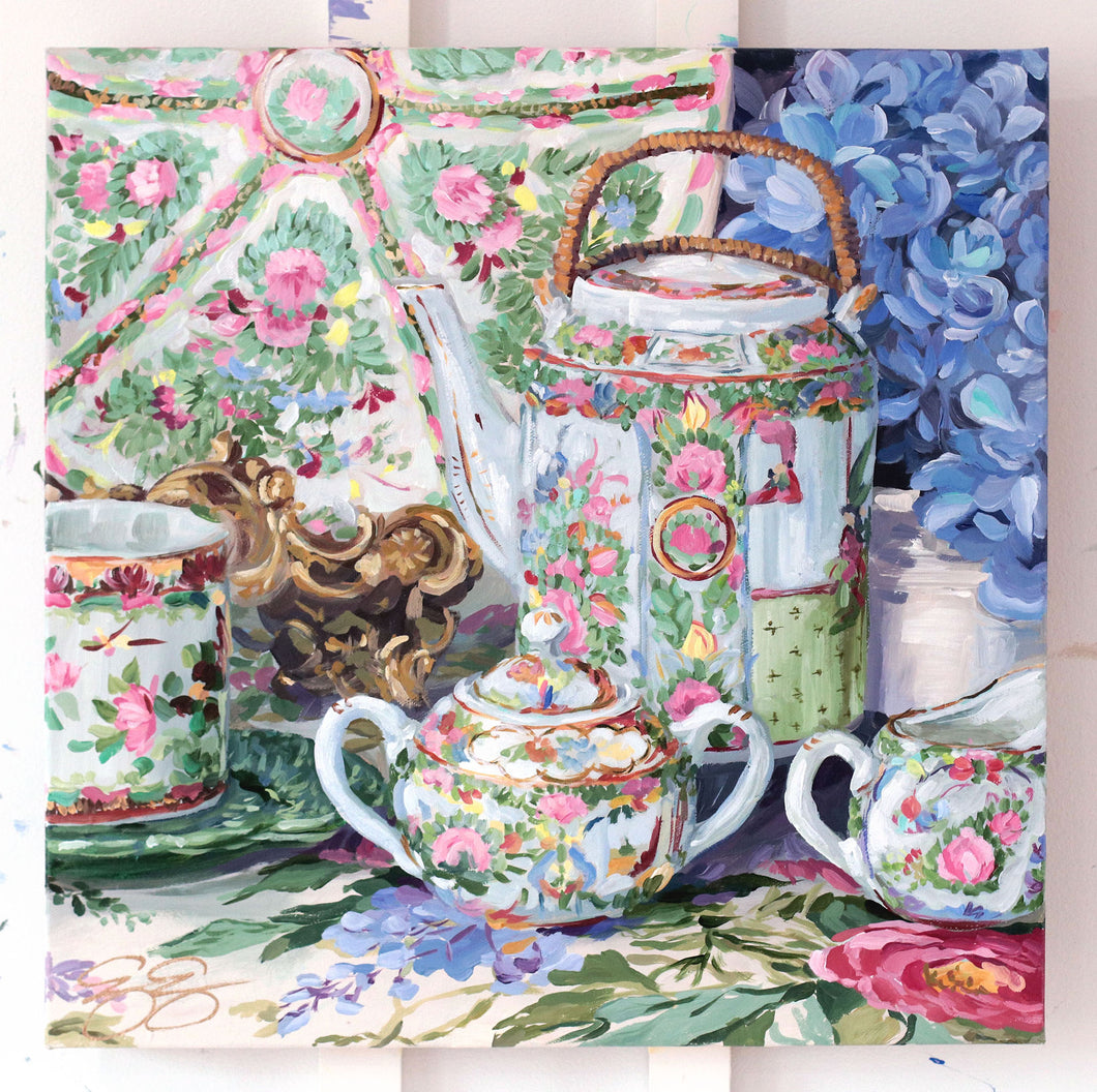 Still life painting of Rose Canton Tea Set - 18 x 18