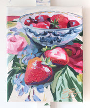 Load image into Gallery viewer, Still life painting of strawberries on floral fabric - 8 x 10
