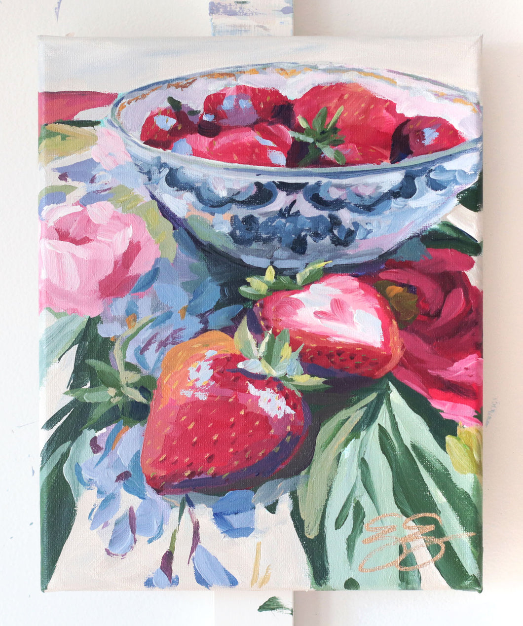 Still life painting of strawberries on floral fabric - 8 x 10