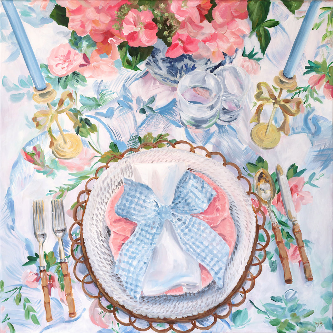 Elizabeth Alice Studio large original acrylic painting of a tablescape in blue and pink with a blue gingham bow. Original painting of gingham, acrylic painting technique, art for dining room, large art for home, art for kitchen, unique art for dining room, expressive impressionist art, loose brushstrokes, english country style decor, coastal style, coastal decor, southern hospitality, southern decor, traditional decor, light and airy art