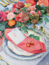 Load image into Gallery viewer, Elizabeth Alice Studio art original acrylic painting of a place setting with cherries and pink napkin, colored glass goblets, fall florals, unique art for dining room kitchen, colorful pink painting, art for preppy home, art for feminine decor, expressive painting, impressionist painting for dining room
