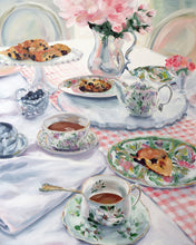 Load image into Gallery viewer, Elizabeth Alice Studio original painting, acrylic painting art, tea party scones table setting painting, art for dining room, loose brush strokes, modern updated traditional art decor, maryland artist, large original art for dining room, unique art for traditional home, pink and white painting. Magnolia Tea. Painting of tea cups, painting of tea set, painting of silverplate antiques.
