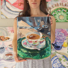 Load image into Gallery viewer, Elizabeth Alice Studio original painting art, sun shining on a cup of tea, antique tea cup art, cabbage plate painting, original tea time art, small original painting, acrylic painting wet on wet, expressive brush strokes, impressionist style, artist holding painting, scale of 11x14 painting, what does 11x14 art look like in room
