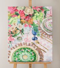 Load image into Gallery viewer, Elizabeth Alice Studio original acrylic painting art, lush tablescape with famille rose chinoiserie plates, clear pink blue wine glasses, pink and green floral bouquet centerpiece. Colorful painting for dining room, unique art for dining room, add pop of color to neutral room. Chinoiserie art, original painting, expressive brush strokes, impressionist modern painting, unique art for dining room. Colorful art for traditional home.
