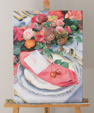 Load image into Gallery viewer, Elizabeth Alice Studio art original acrylic painting of a place setting with cherries and pink napkin, colored glass goblets, fall florals, unique art for dining room kitchen, colorful pink painting, art for preppy home, art for feminine decor, expressive painting, impressionist painting for dining room with gold frame, traditional decor, grandmillennial art decor style
