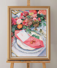 Load image into Gallery viewer, Elizabeth Alice Studio art original acrylic painting of a place setting with cherries and pink napkin, colored glass goblets, fall florals, unique art for dining room kitchen, colorful pink painting, art for preppy home, art for feminine decor, expressive painting, impressionist painting for dining room with gold frame, traditional decor, grandmillennial art decor style
