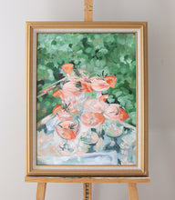 Load image into Gallery viewer, Elizabeth Alice Studio art original acrylic painting of cocktails stacked on a mirrored tray bar cart garnished with rosemary and grapefruit wedges. Original painting for dining room bar or kitchen. Expressive painting with brush strokes, impressionist style modern painting. Unique art for dining room. Painting with traditional gold frame, gold and linen frame, framed original artwork

