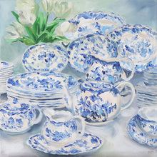 Load image into Gallery viewer, Elizabeth Alice Studio original painting art, blue and white dishes set stacked up, traditional decor, set of dishes, art for dining room, blue and white painting, art for traditional home, art for blue and white decor, art for southern traditional home, art for coastal style home, loose brush strokes acrylic painting, impressionist modern art
