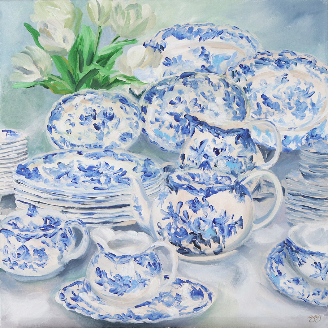 Elizabeth Alice Studio original painting art, blue and white dishes set stacked up, traditional decor, set of dishes, art for dining room, blue and white painting, art for traditional home, art for blue and white decor, art for southern traditional home, art for coastal style home, loose brush strokes acrylic painting, impressionist modern art