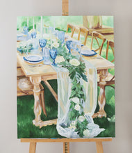 Load image into Gallery viewer, Elizabeth Alice Studio original acrylic painting, art of a tablescape, outdoor dining, wedding rustic table with flowers cascading down the side. Green blue white painting art. Garden Luncheon.
