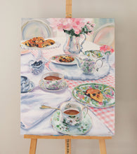 Load image into Gallery viewer, Elizabeth Alice Studio original painting, acrylic painting art, tea party scones table setting painting, art for dining room, loose brush strokes, modern updated traditional art decor, maryland artist, large original art for dining room, unique art for traditional home, pink and white painting. Magnolia Tea. Painting of tea cups, painting of tea set, painting of silverplate antiques.
