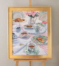 Load image into Gallery viewer, Elizabeth Alice Studio original painting, acrylic painting art, tea party scones table setting painting, art for dining room, loose brush strokes, modern updated traditional art decor, maryland artist, large original art for dining room, unique art for traditional home, pink and white painting. Magnolia Tea. Painting of tea cups, painting of tea set, painting of silverplate antiques with wide gold leaf frame.

