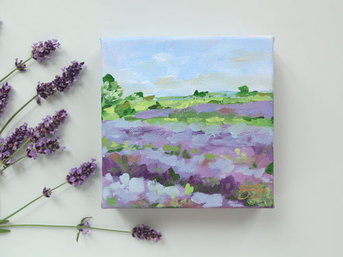 Elizabeth Alice Studio lavender field acrylic painting, original painting on canvas, blue purple and green landscape of a lavender field reminiscent of Provence, colorful landscape painting, modern abstract impressionist landscape art