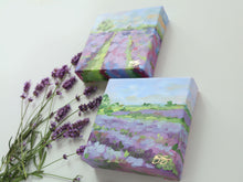 Load image into Gallery viewer, Elizabeth Alice Studio lavender field acrylic painting, original painting on canvas, blue purple and green landscape of a lavender field reminiscent of Provence, colorful landscape painting, modern abstract impressionist landscape art
