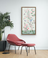 April, a green chinoiserie canvas wrap, available framed