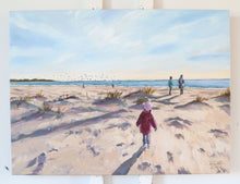 Load image into Gallery viewer, Custom beach painting with children by Elizabeth Alice Studio, kids on the beach art commission, beach sunset shadows painting
