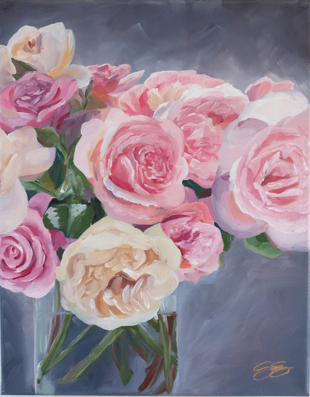 Ivory and Pink Roses on Gray - 11 x 14