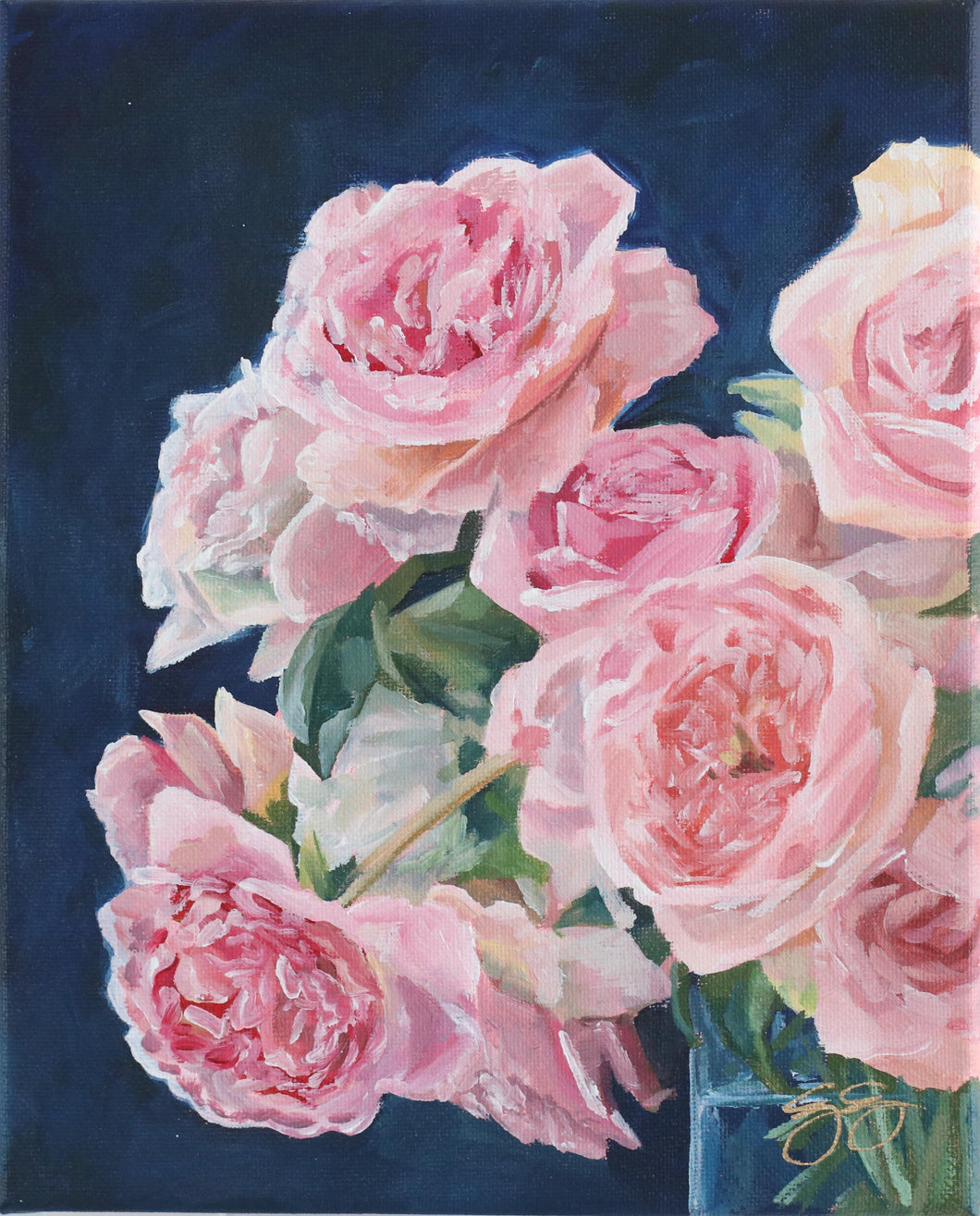 Pink Roses on Navy Blue - 8 x 10