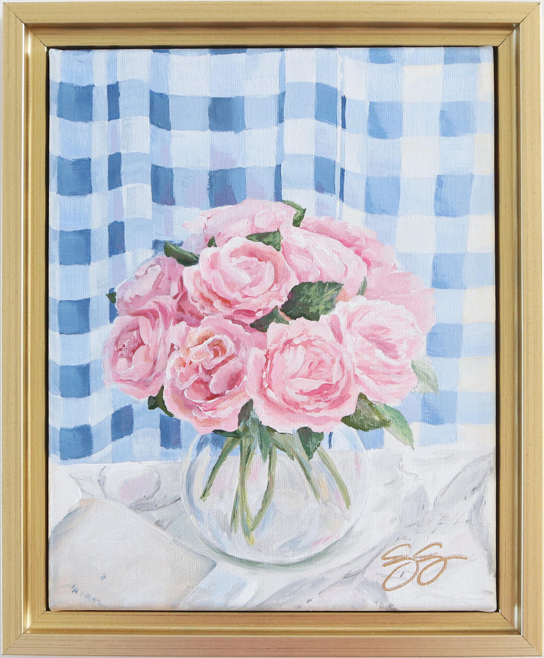Tea Roses and Gingham - 9 x 11 framed