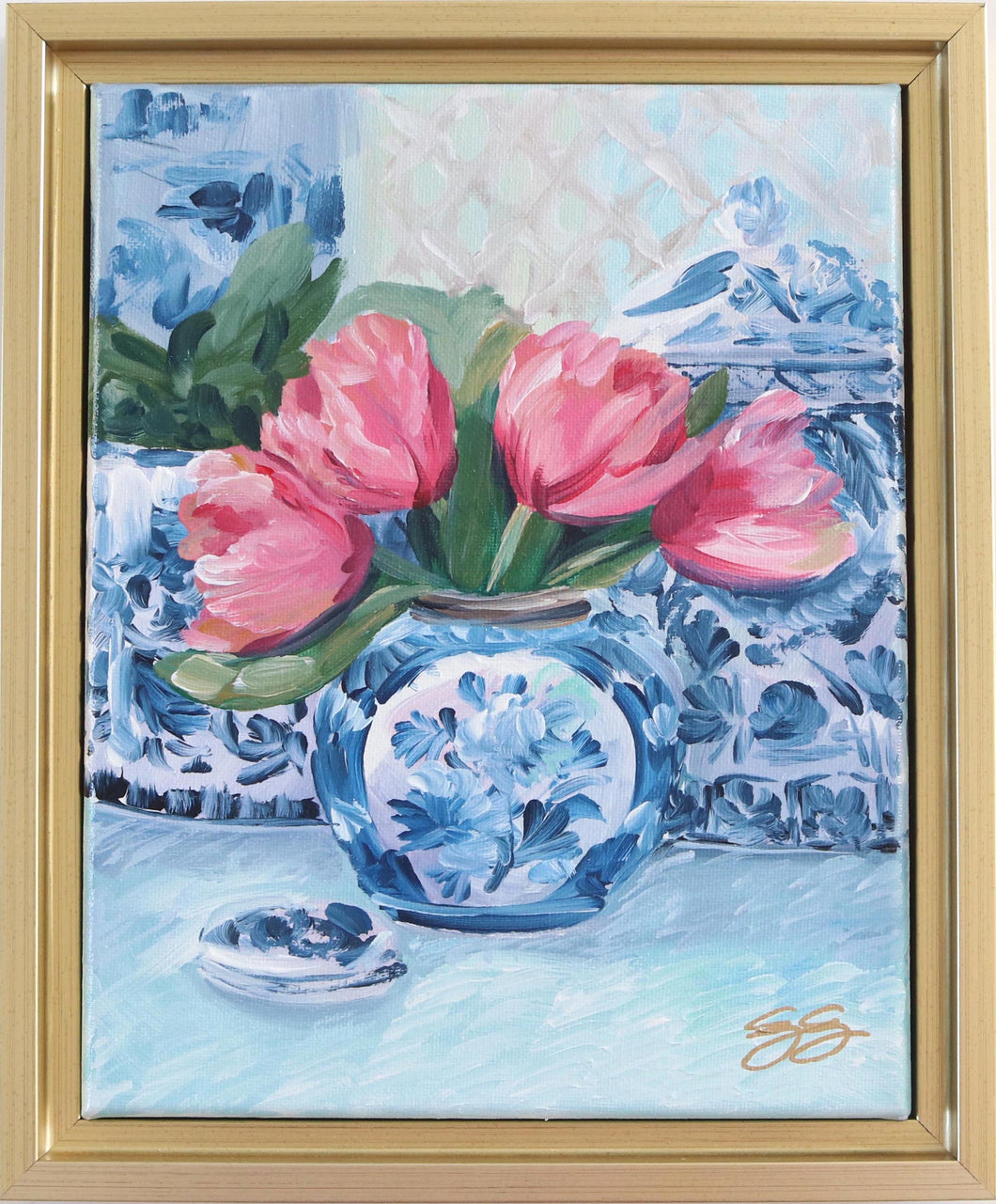 Pink Tulips, Blue Vase - 9 x 11 framed