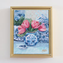 Load image into Gallery viewer, Pink Tulips, Blue Vase - 9 x 11 framed
