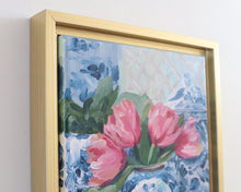 Load image into Gallery viewer, Pink Tulips, Blue Vase - 9 x 11 framed

