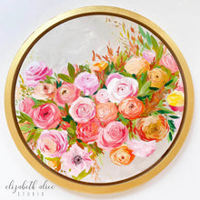 Load image into Gallery viewer, Elizabeth Alice Studio art original acrylic painting on wood, circular art, round gold frame, fall color art, orange flowers painting, orange floral bouquet, preppy art, art for transitional decor, acrylic painting
