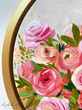 Load image into Gallery viewer, Elizabeth Alice Studio art original acrylic painting on wood, circular art, round gold frame, fall color art, orange flowers painting, orange floral bouquet, preppy art, art for transitional decor, detail of acrylic painting technique
