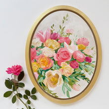 Load image into Gallery viewer, Elizabeth Alice Studio art original painting, acrylic painting on wood panel, oval painting with gold frame, unique art, floral art, modern flower art, updated traditional decor, pink green coral gold bouquet painting, expressive impressionist floral art, traditional decor
