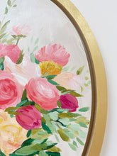Load image into Gallery viewer, Elizabeth Alice Studio art original painting, acrylic painting on wood panel, oval painting with gold frame, unique art, floral art, modern flower art, updated traditional decor, pink green coral gold bouquet painting, expressive impressionist floral art, traditional decor, detail of painting technique
