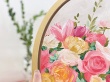 Load image into Gallery viewer, Elizabeth Alice Studio art painting detail of wood panel gold frame, pink floral bouquet painting art
