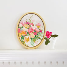 Load image into Gallery viewer, Elizabeth Alice Studio art original painting, acrylic painting on wood panel, oval painting with gold frame, unique art, floral art, modern flower art, updated traditional decor, pink green coral gold bouquet painting, expressive impressionist floral art, traditional decor
