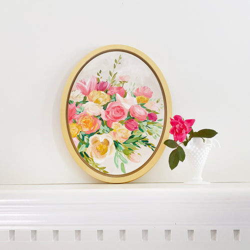 Elizabeth Alice Studio art original painting, acrylic painting on wood panel, oval painting with gold frame, unique art, floral art, modern flower art, updated traditional decor, pink green coral gold bouquet painting, expressive impressionist floral art, traditional decor