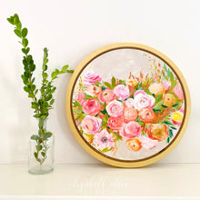 Load image into Gallery viewer, Elizabeth Alice Studio art original acrylic painting on wood, circular art, round gold frame, fall color art, orange flowers painting, orange floral bouquet, preppy art, art for transitional decor
