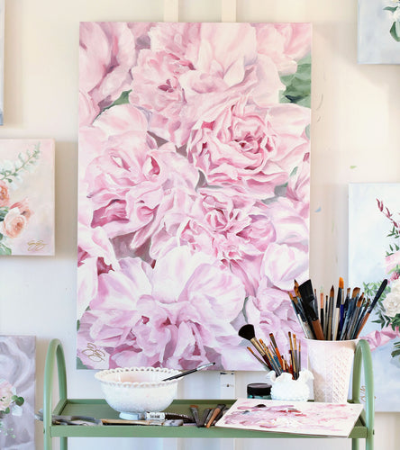 Large pink peony painting by Elizabeth Alice Studio, dreamy romantic floral painting, feminine art, large statement painting, macro painting
