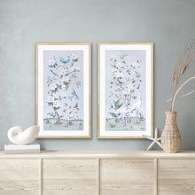 Load image into Gallery viewer, Bluebirds and Peonies, a light blue chinoiserie fine art print
