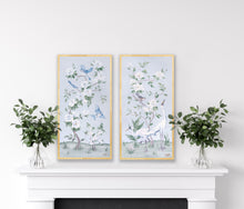 Load image into Gallery viewer, Cranes and Gardenias, a light blue chinoiserie fine art print
