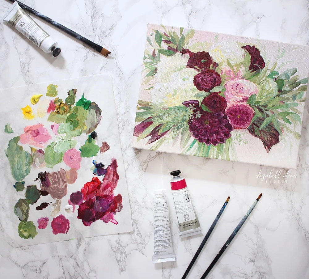 Custom painting of bridal bouquet by Elizabeth Alice Studio, art commission wedding gift