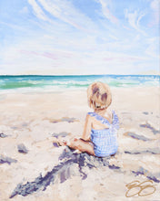 Load image into Gallery viewer, Baby on the beach painting by Elizabeth Alice Studio, art commission, beach portrait, children kids on the beach acrylic painting with sunlight and shadows, beach artist, acrylic painting, beach portrait painter
