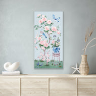 June, a blue chinoiserie canvas wrap, available framed