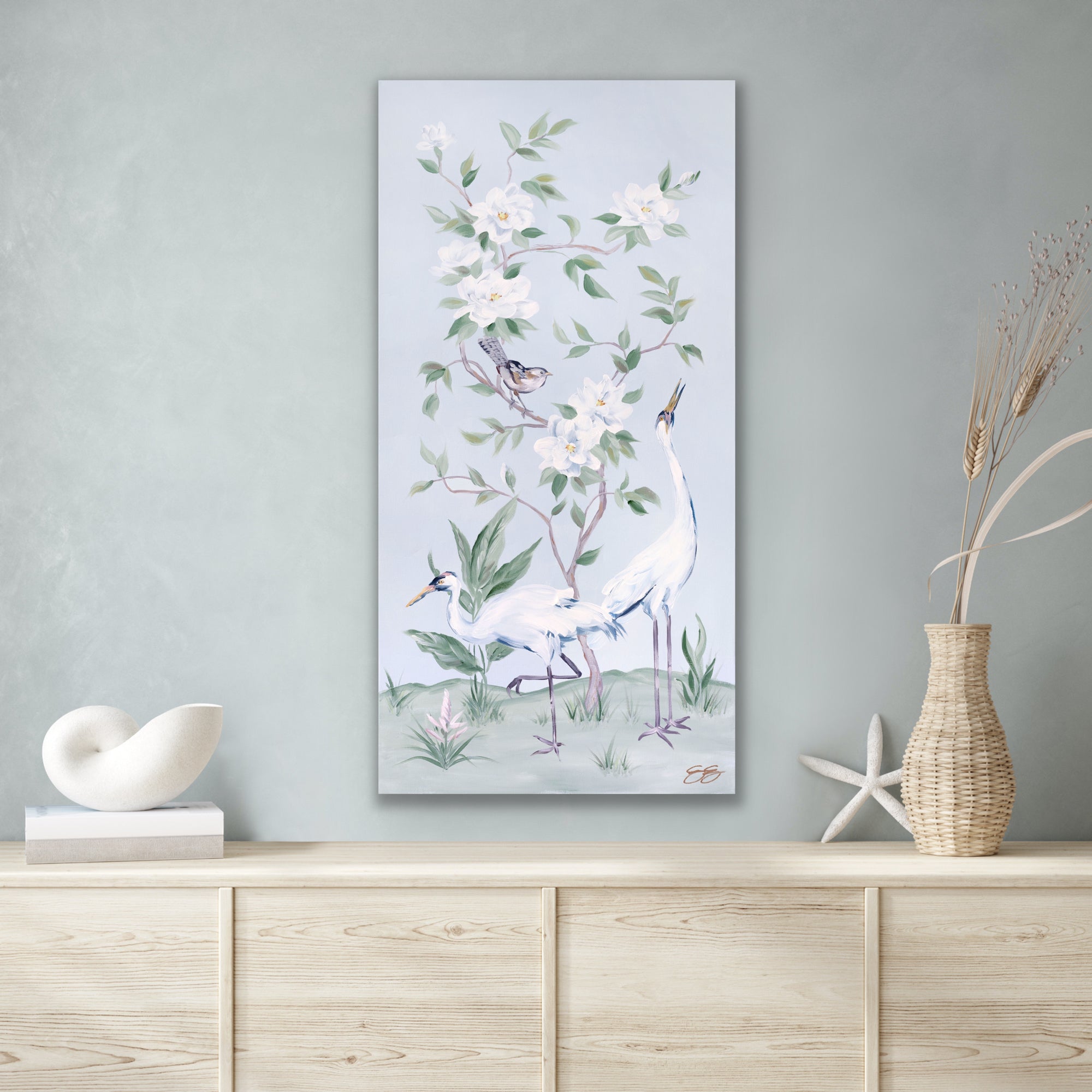 Cranes retailer And Gardenias, A Green Chinoiserie Canvas Wrap